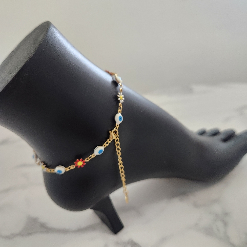Multi Color Stainless Steel Floral Evil Eye Charm Anklet Summer Accesories - Picture 9 of 16